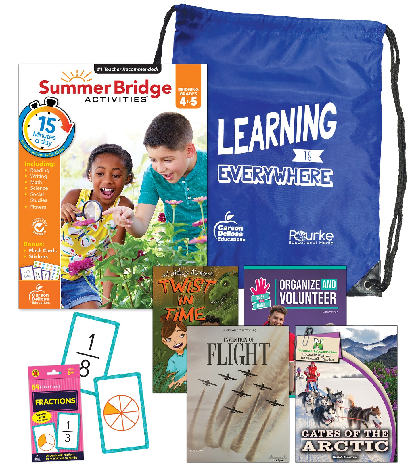 Summer Bridge Activities 4-5 Bundle, Ages 9-10, Math, Language Arts, and Science Summer Learning 5th Grade Workbooks All Subjects, Fractions Math Flash Cards, Children&#x27;s Books, and Drawstring Bag