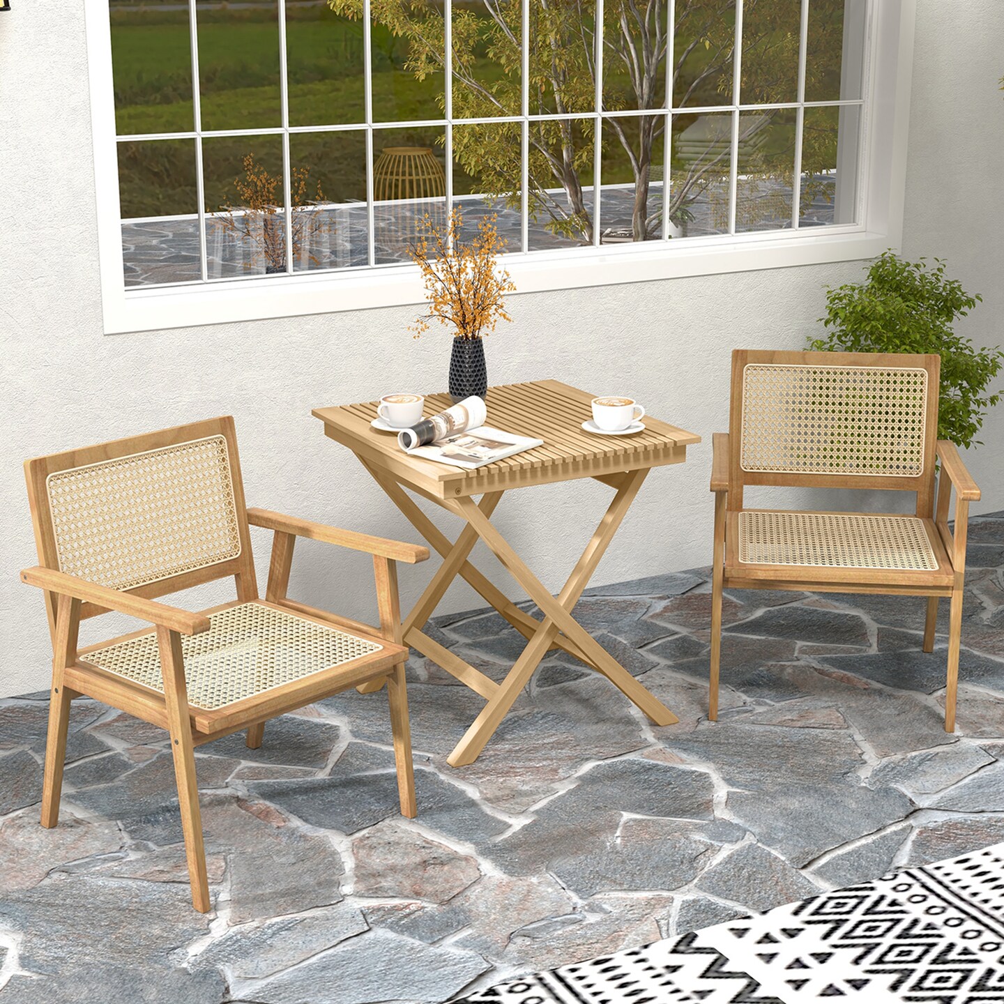 Costway 1/2 PCS Wood Chair Indonesia Teak Wood Armchair with Natural Rattan Seat &#x26; Back Patio Chair for Porch