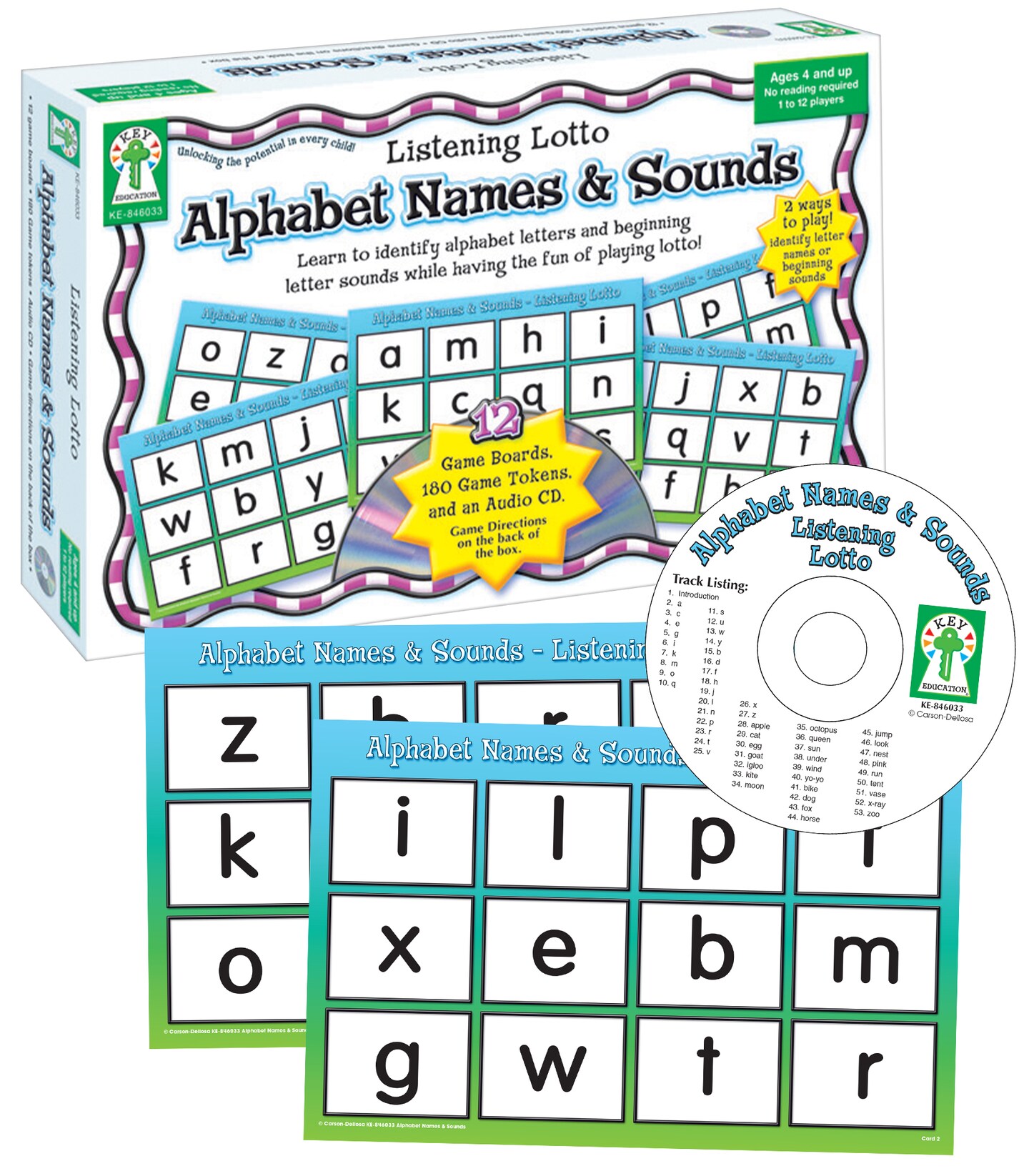 Listening Lotto: Alphabet Names and Sounds Matching Board Game, Pre-Reading, Auditory Alphabet Learning Educational Game With Audio CD, 1-12 Players, Ages 4+
