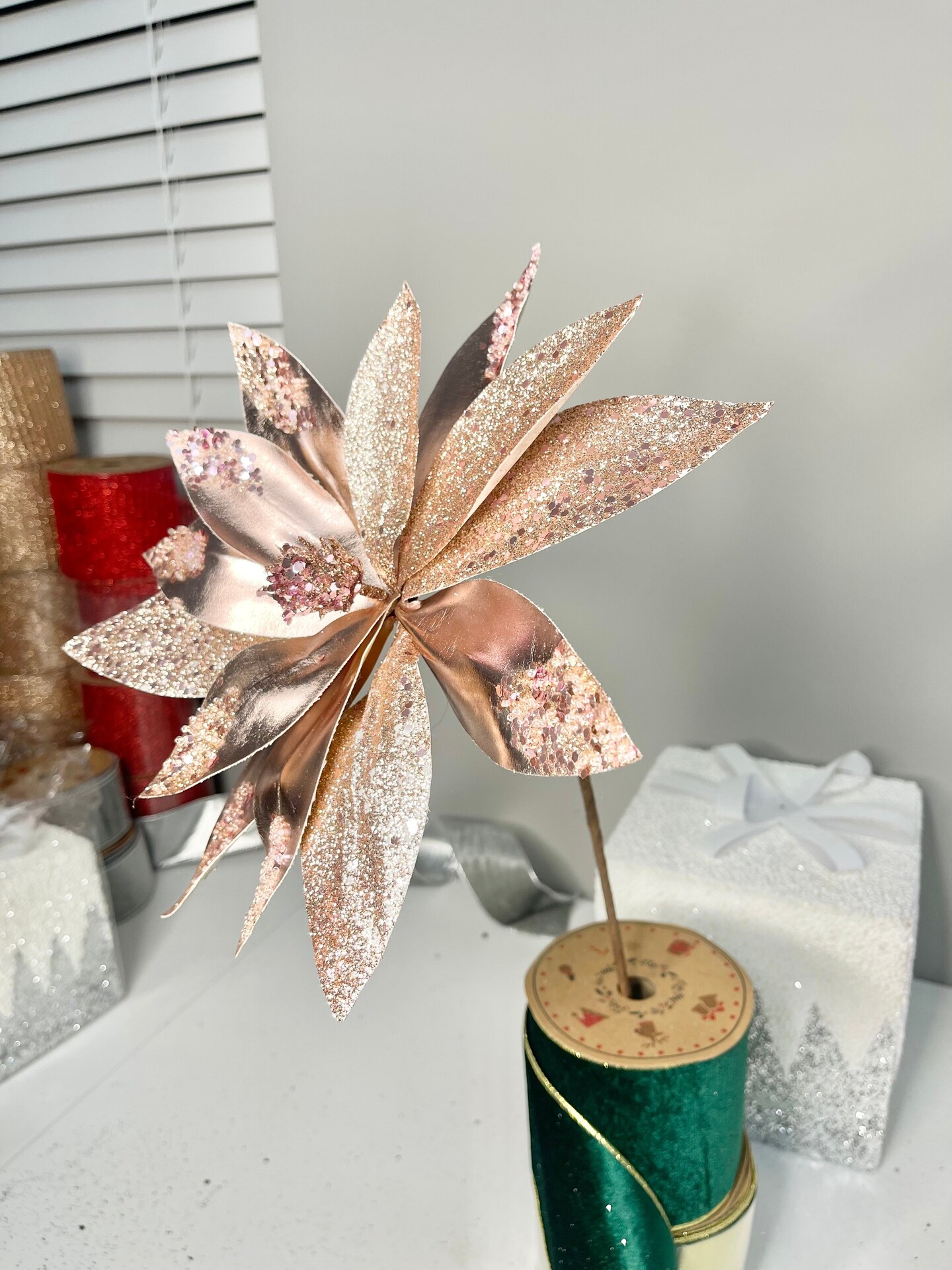 Rose Gold Metallic Poinsettia Flower Stem beaded with Sequins Set of 3