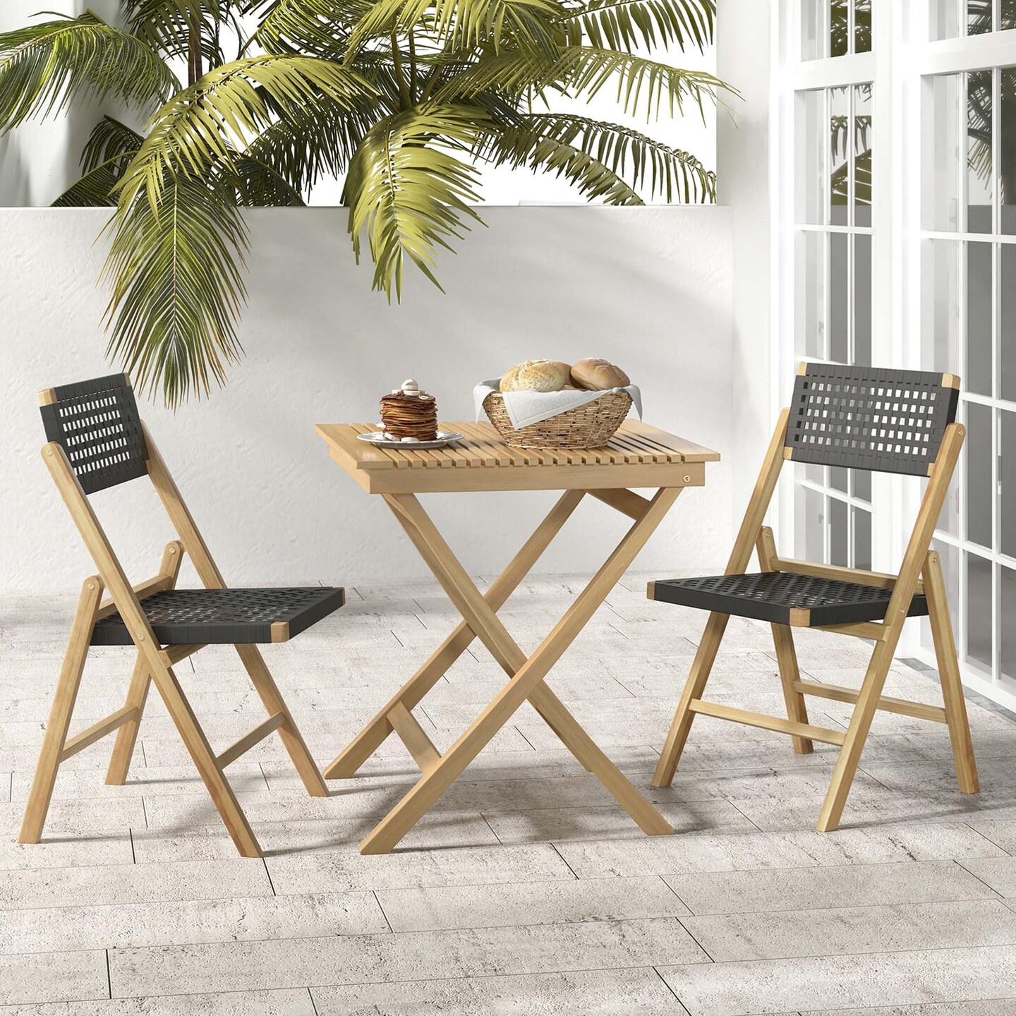 Costway 2/4 Piece Patio Folding Chairs with Woven Rope Seat & High Back Indonesia Teak Wood for Porch Natural&Black