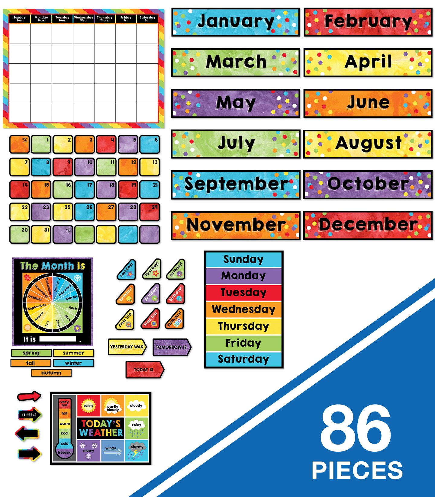 Carson Dellosa Celebrate Learning Calendar Bulletin Board Set, Boho Rainbow Monthly Calendar With Numbers and Birthday Cover Ups, Seasons, Weather, and Days of the Week Chart, Classroom Decor (86 pc)
