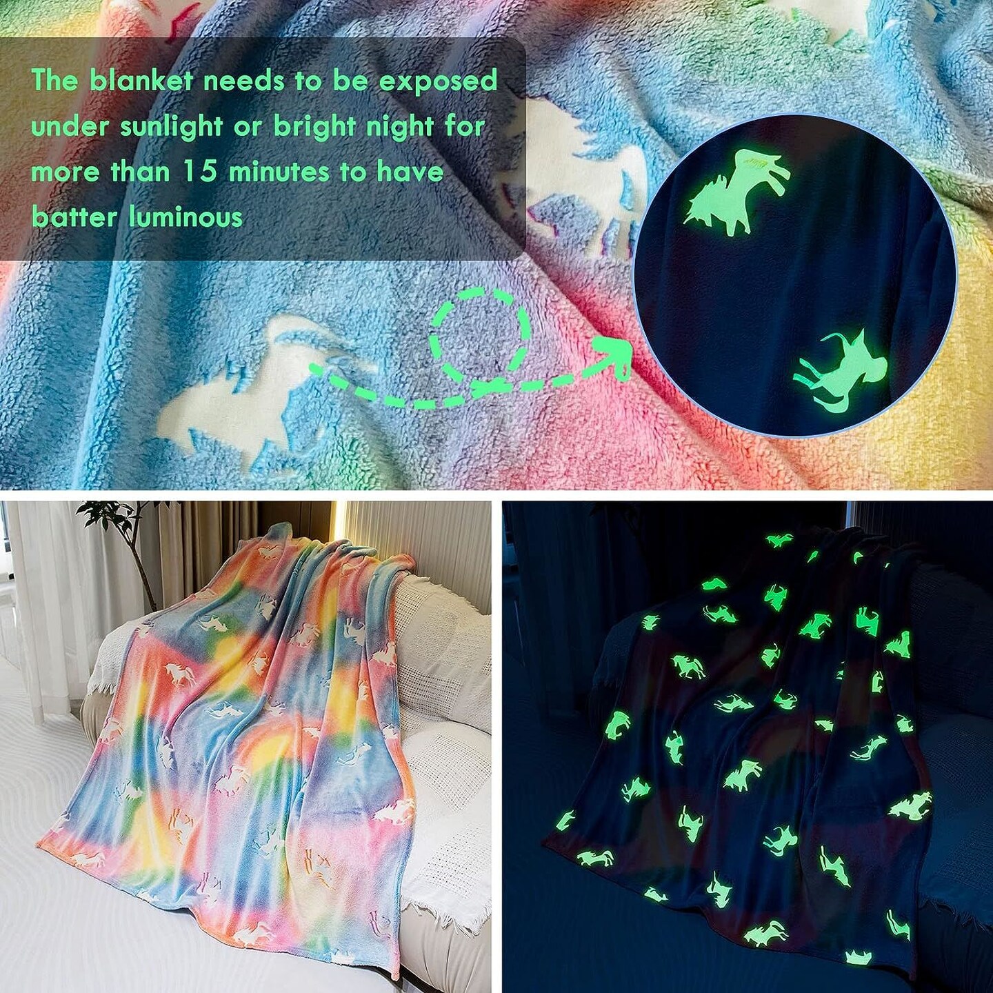 Glow in the Dark Throw Blanket Unicorn - Luminous Kids Blanket (50&#x22; x 60&#x22;)