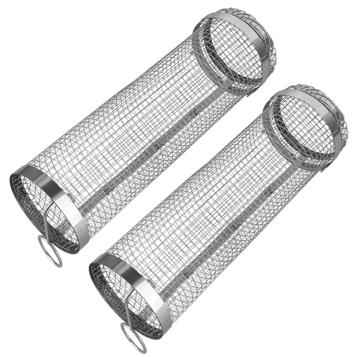 2Pcs Portable Bbq Rolling Basket Round Stainless Steel Grill Mesh Barbecue Net Tube With Removable Cover Outdoor Camping
