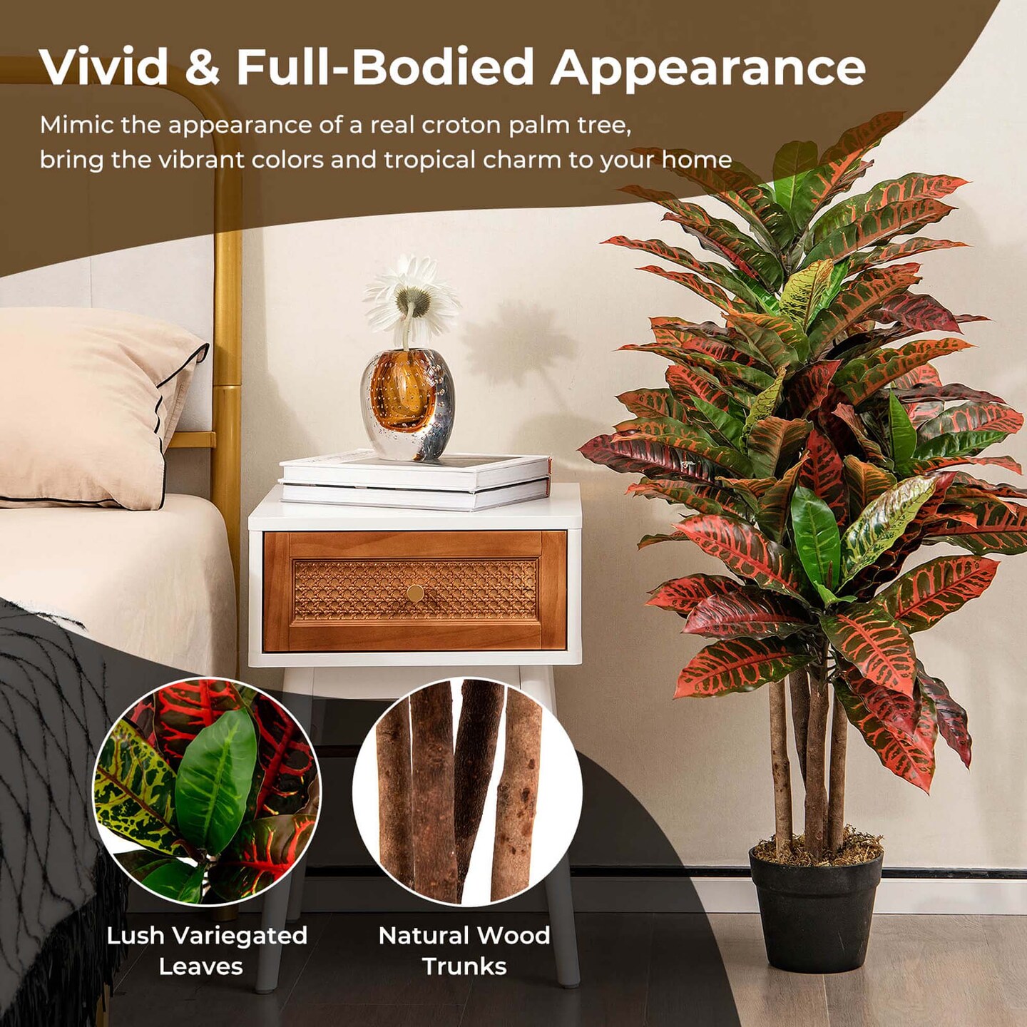 Costway Artificial Croton Plant 40&#x22; Tall Faux Fiddle Leaf Fig Tree Fake Croton Palm Tree