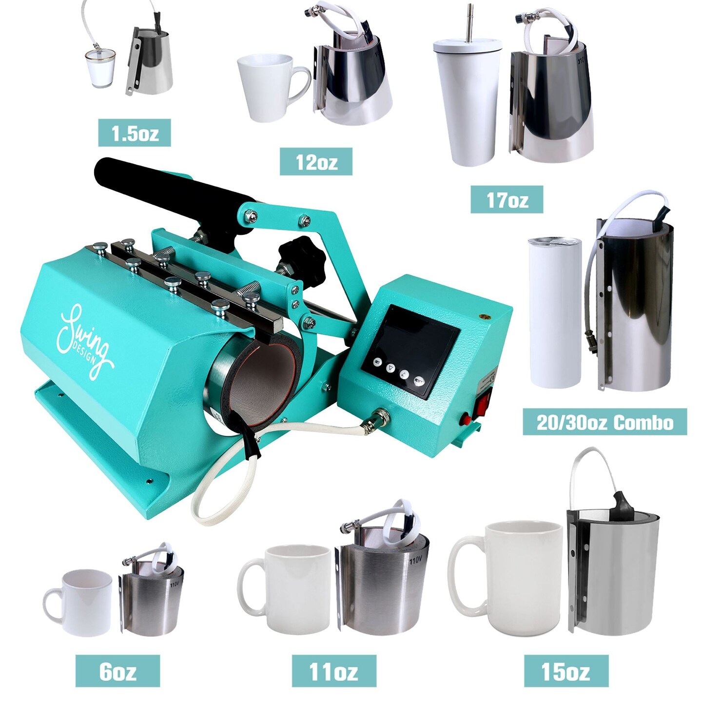 Swing Design 7-in-1 Tumbler Heat Press 20oz/30oz Bundle - Turquoise