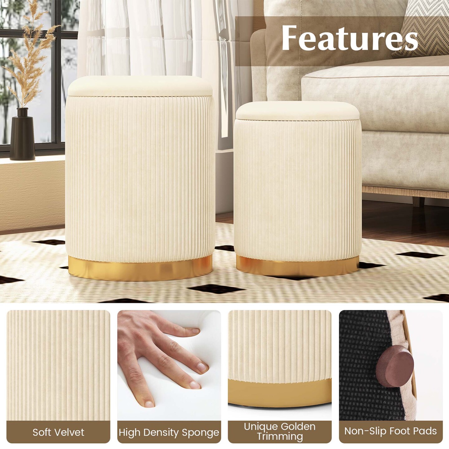 Costway Velvet Storage Ottoman Set of 2 Modern Round Ottoman with Storage for Living Room