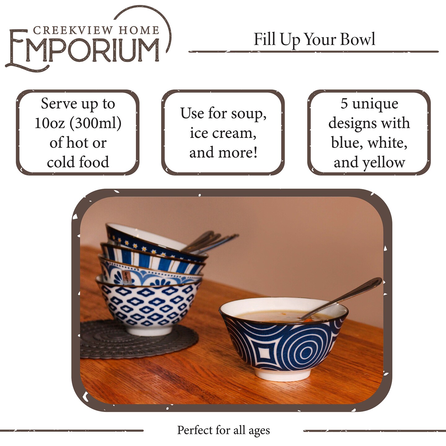Creekview Home Emporium Ceramic Bowl - 5pc Blue and White Small Serving Bowls