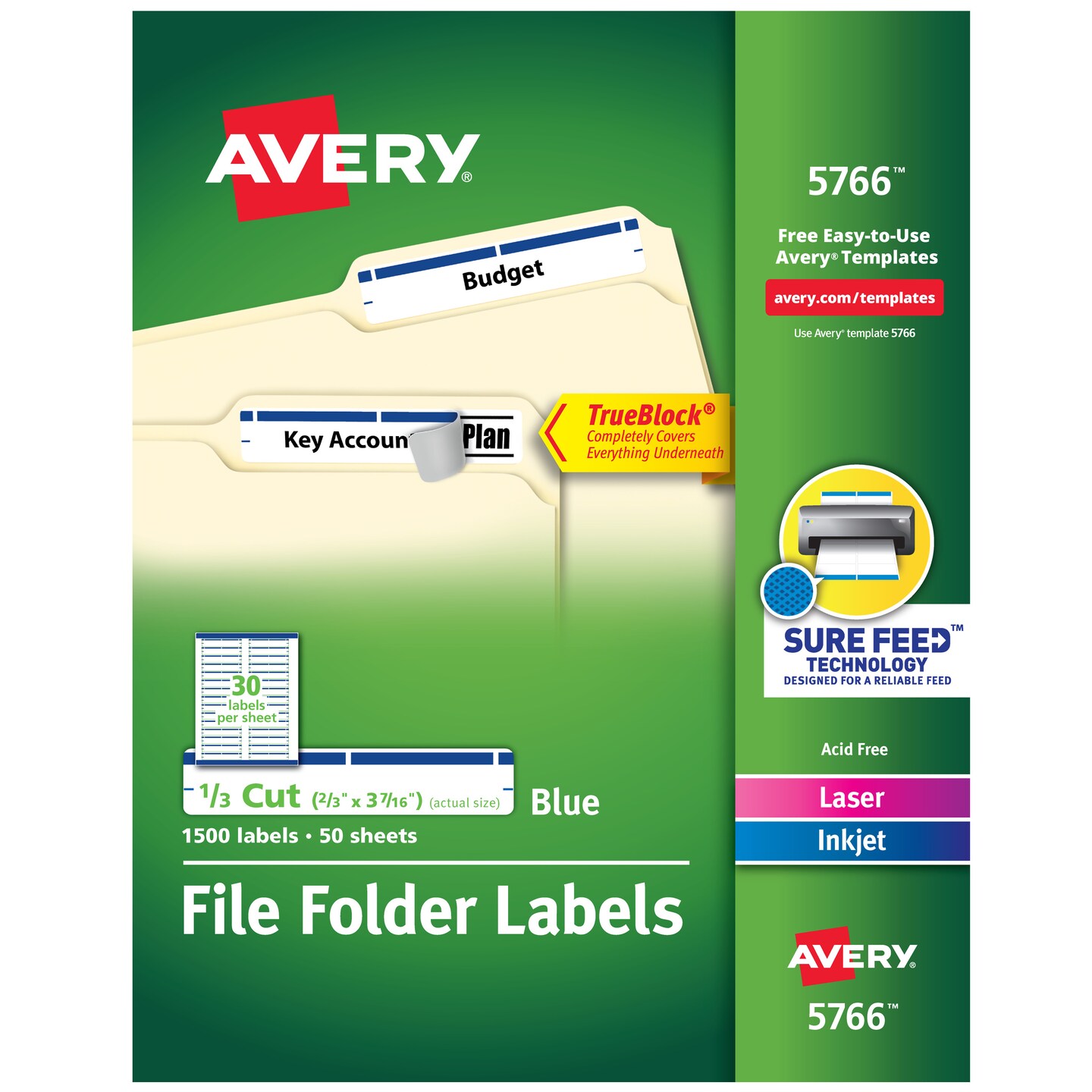 Avery TrueBlock File Folder Labels, 2/3" x 3-7/16", 1,500 Printable Labels, White/Blue (5766)