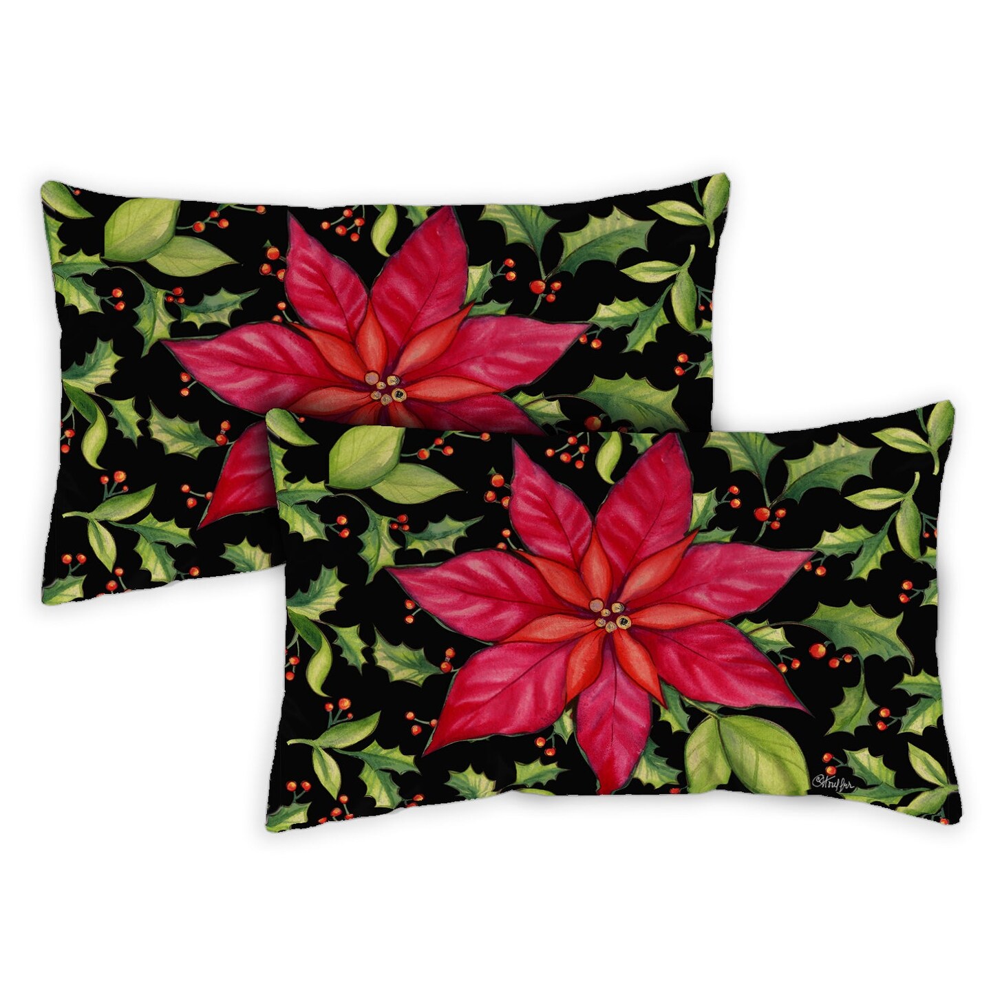 Poinsettia Decorative Christmas Indoor/Outdoor Pillow Cover (set of 2)