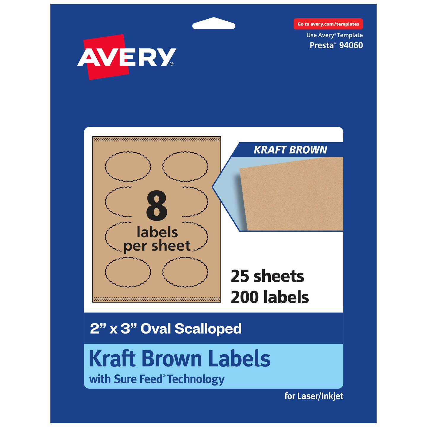 Avery Kraft Brown Oval Scalloped Labels with Sure Feed, 2&#x22; x 3&#x22;