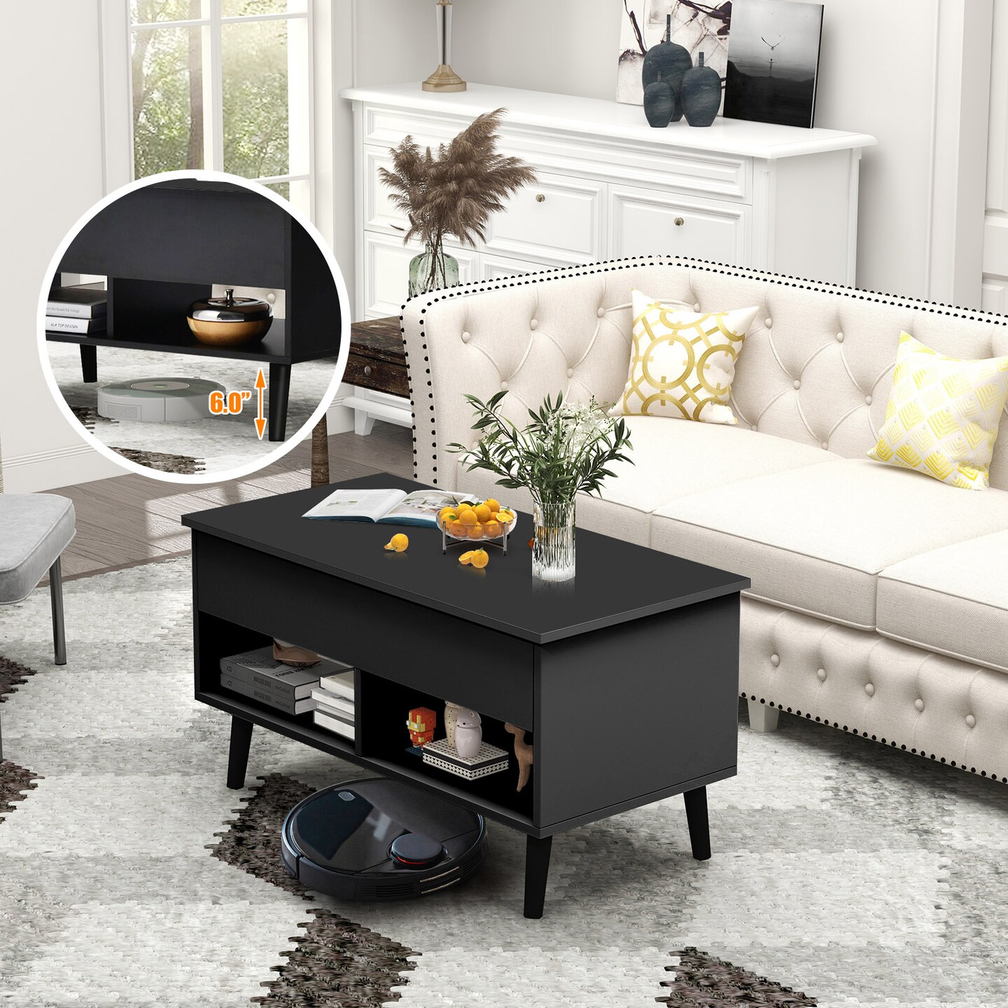 Lift Top Coffee Table with Hidden Compartment and 2 Storage Shelves