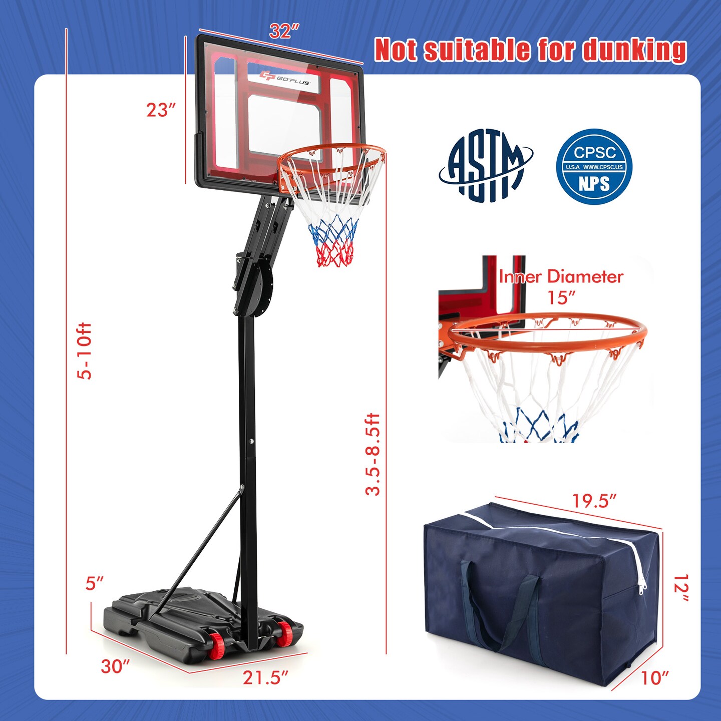 Basketball Hoop with 5-10 Feet Adjustable Height for Indoor Outdoor
