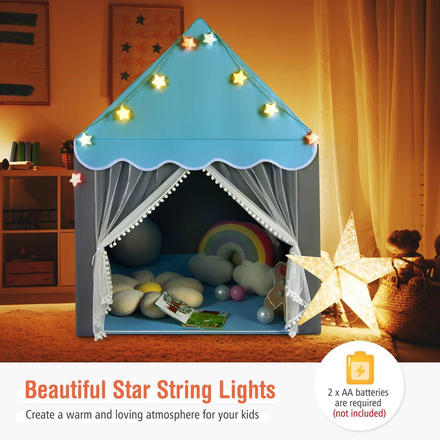 Kids Playhouse Tent with Star Lights and Mat Perfect for Birthday Gift