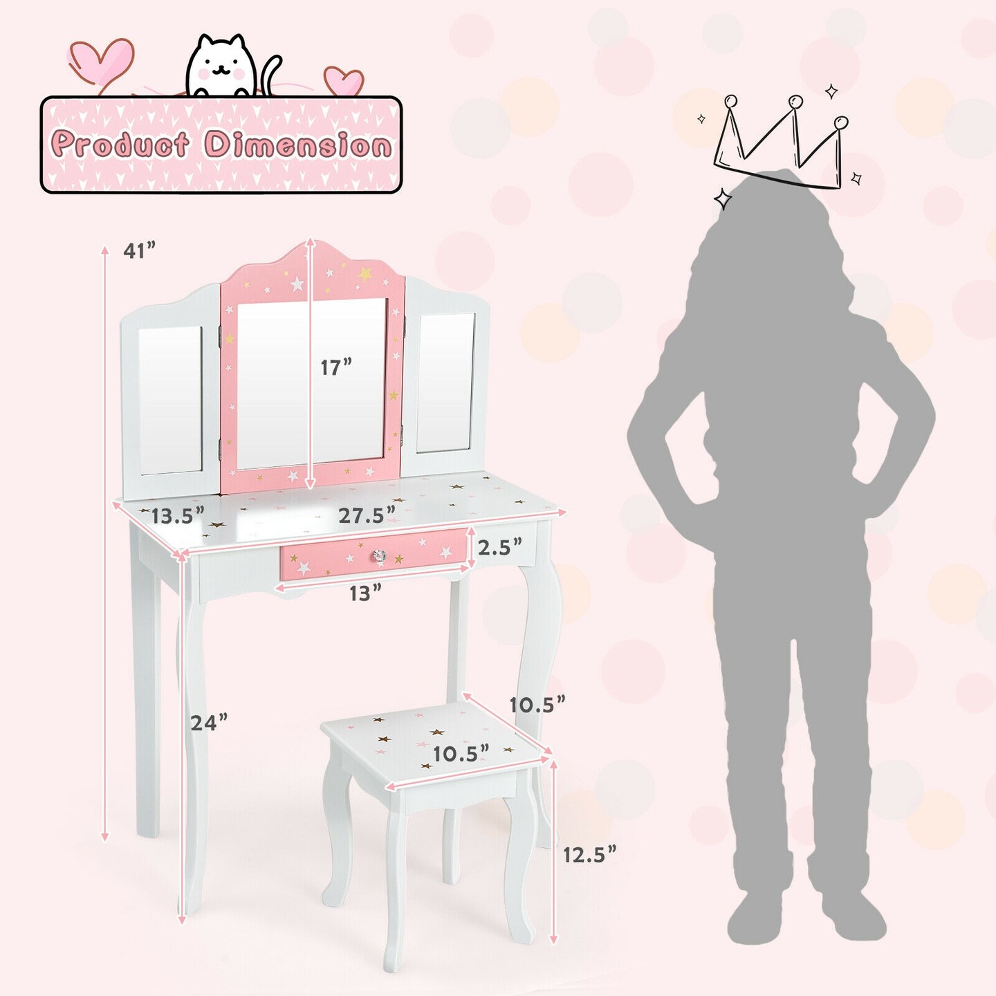 Kids Vanity Princess Makeup Dressing Table Chair Set with Tri-folding Mirror