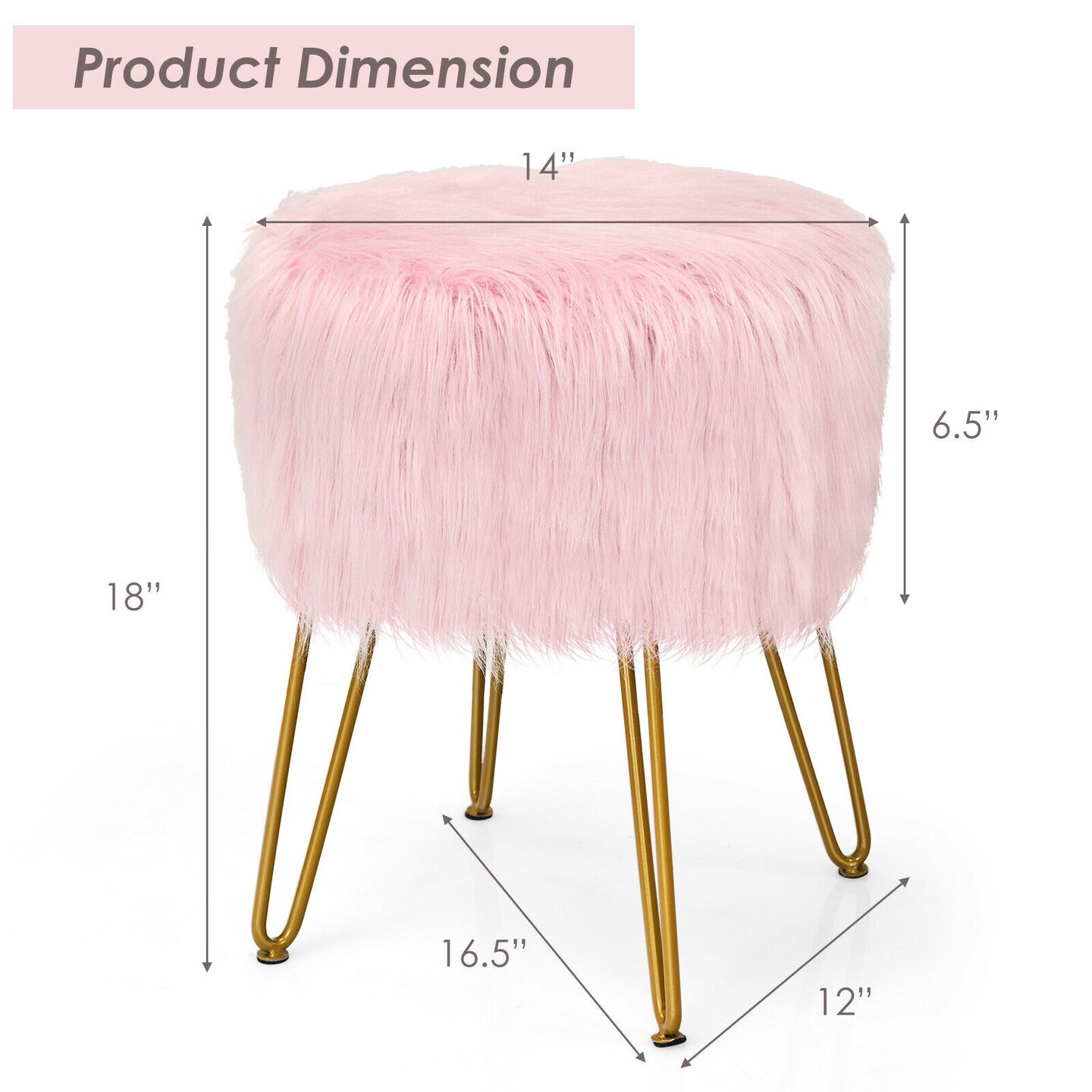 Faux Fur Vanity Chair Makeup Stool Furry Padded Seat Round Ottoman