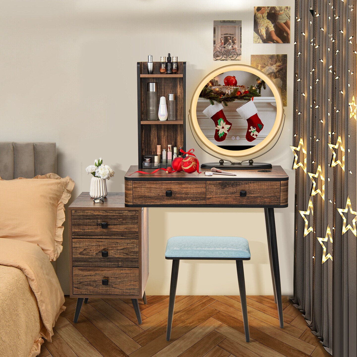 Vanity Table Set with 3-Color Lighted Mirror and Cushioned Stool
