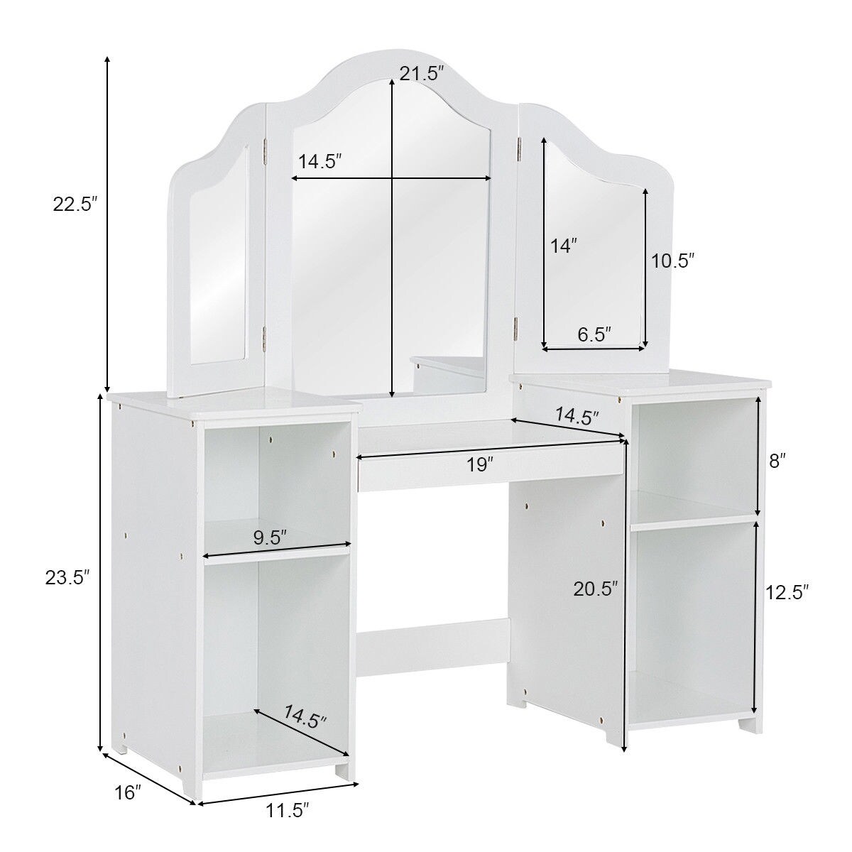 Multi-functional Kids Tri Folding Mirror Makeup Dressing Vanity Table Set with Large Storage Space