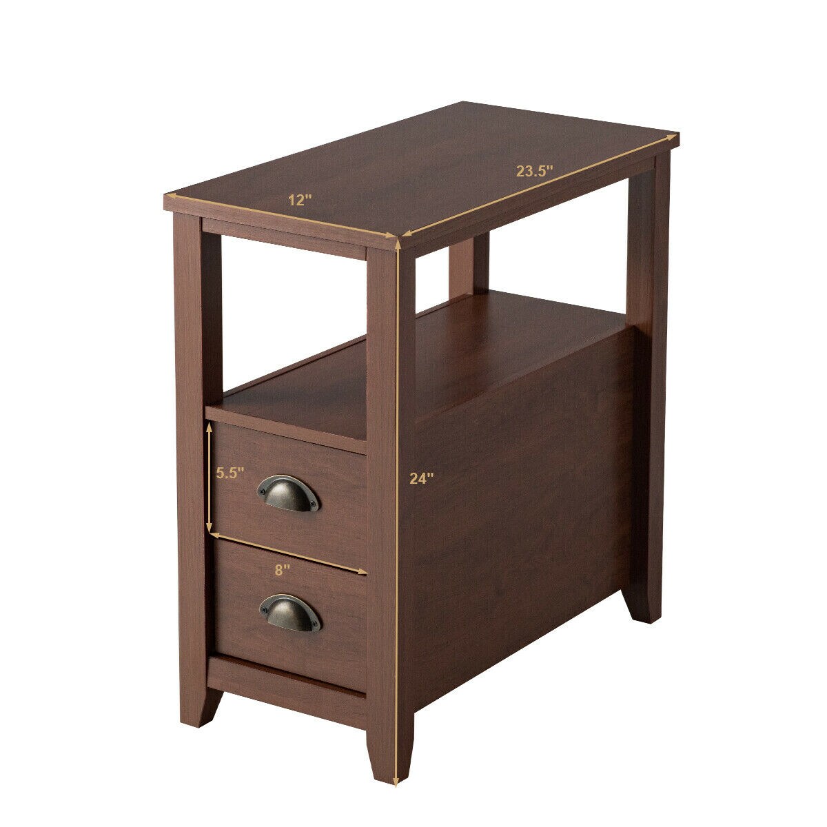 Set of 2 End Table Wooden with 2 Drawer & Shelf Bedside Table-Brown