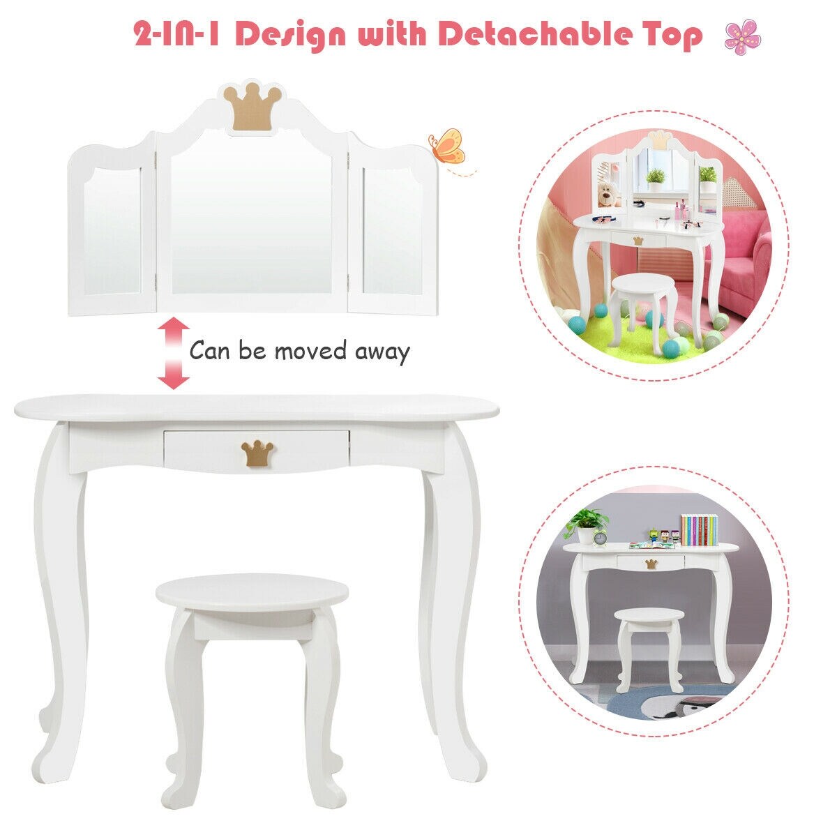 Kids Makeup Dressing Table with Tri-folding Mirror and Stool