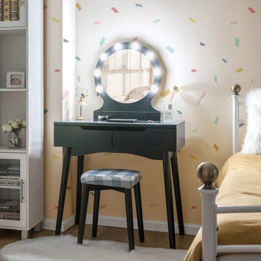 Dressing Table with Large Round Mirror and 8 Light Bulbs for Bedroom