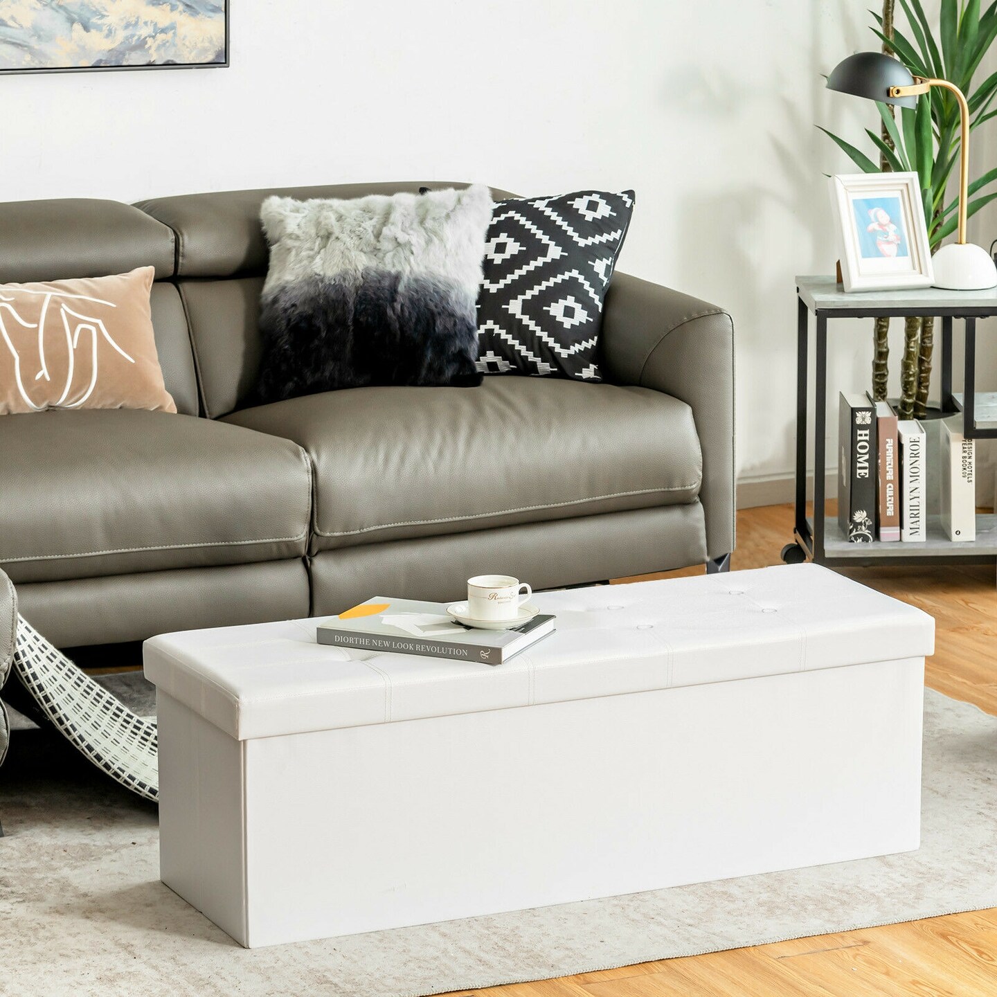 45 Inches Faux Leather Foldable Ottoman Storage Bench with Thick Sponge Padded Seat