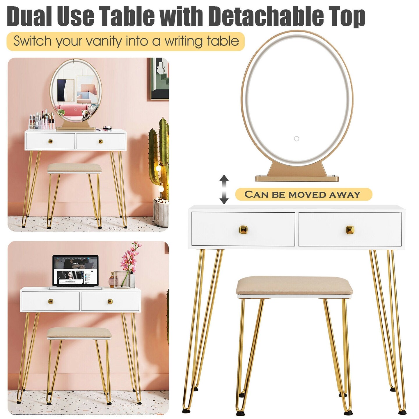 Makeup Dressing Table Included Soft Cushion Seat Stool with 3 Lighting Modes and 2 Large Drawers