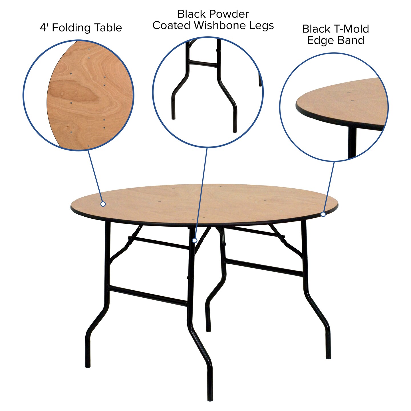 Emma and Oliver 4-Foot Round Wood Folding Banquet Table with Clear Coated Finished Top