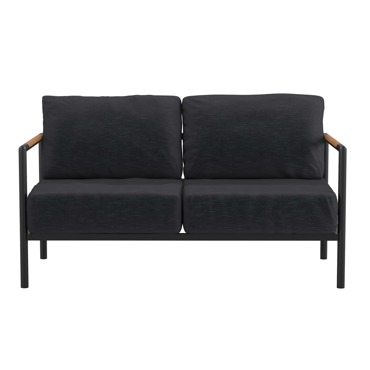 Merrick Lane Eastport Outdoor Loveseat with Removable Plush Fabric Cushions and Teak Accented Aluminum Frame