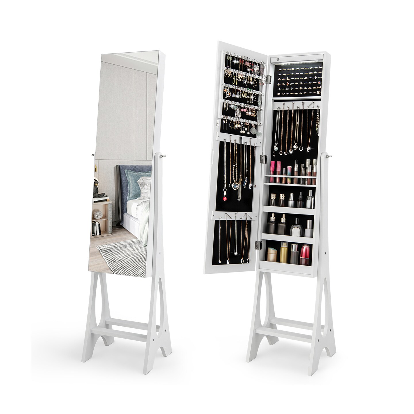Freestanding Jewelry Cabinet Armoire Organizer with Bevel Edge Mirror