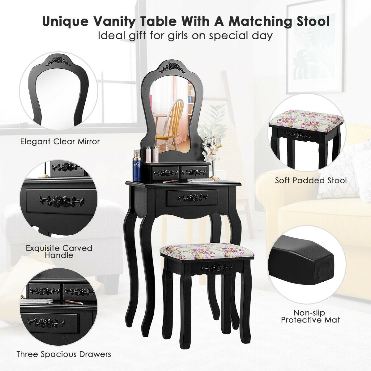 Makeup Dressing Table and Bench 3 Drawers and Cushioned Stool for Girls-Black