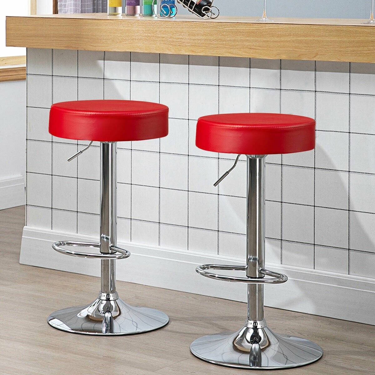 Set of 2 Height Adjustable Swivel Round Bar Stool with Stainless Steel Chrome Base Perfect for Seating in Any Room
