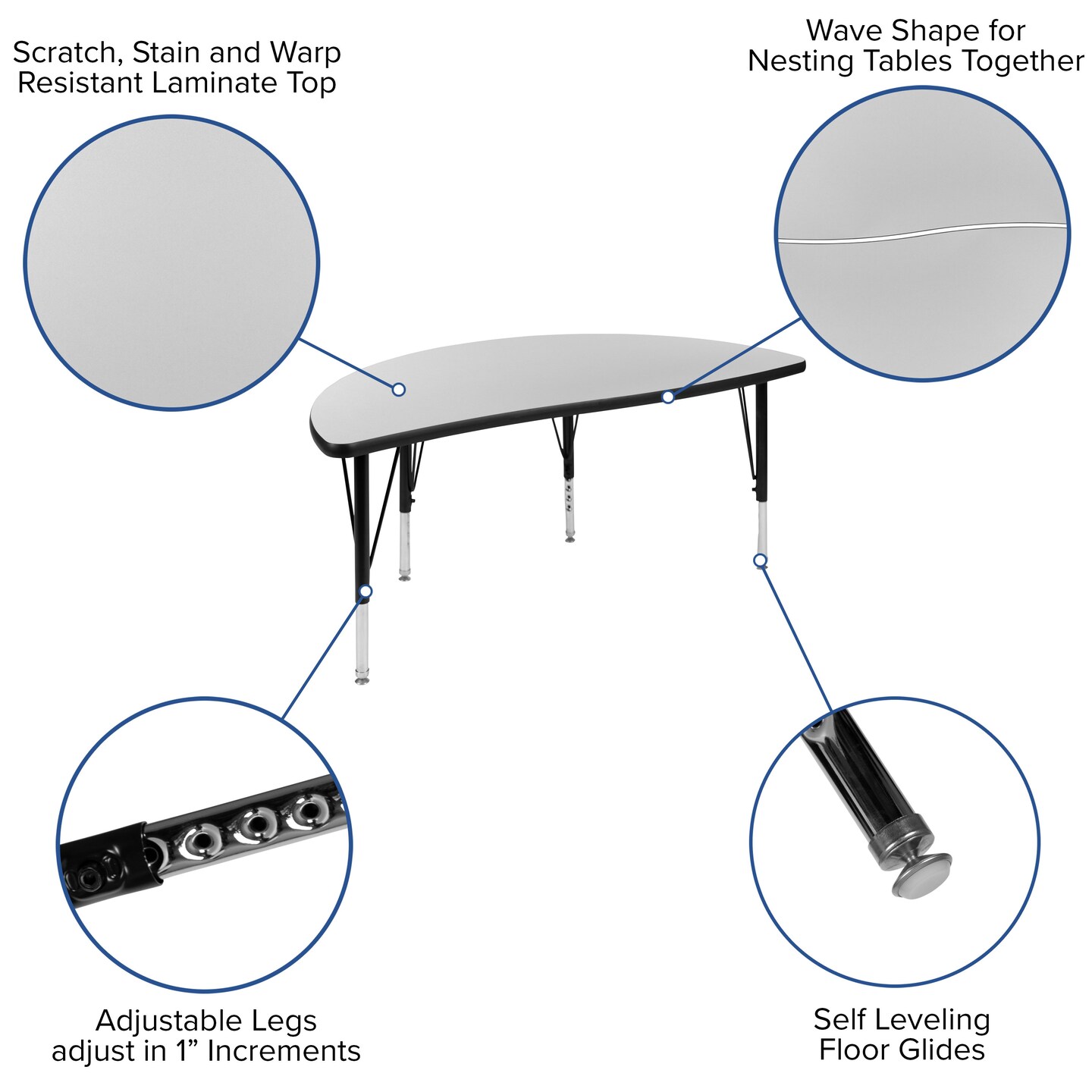 Emma and Oliver 47.5&#x22; Half Circle Wave Flexible Collaborative Kids Adjustable Height Activity Table