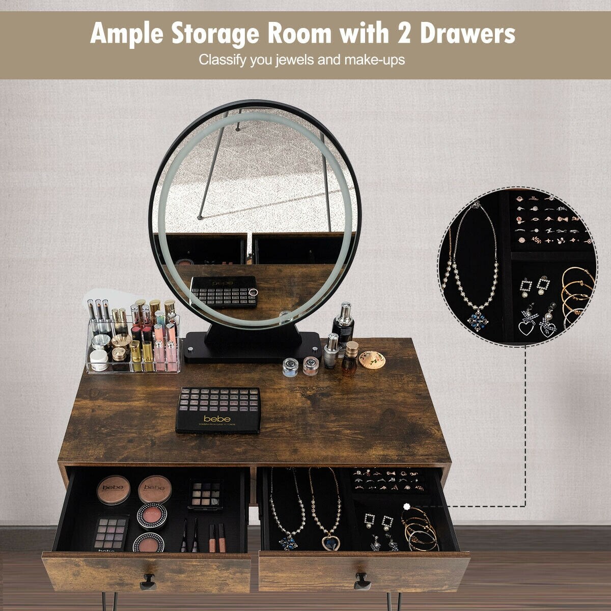 Makeup Dressing Table Included Soft Cushion Seat Stool with 3 Lighting Modes and 2 Large Drawers