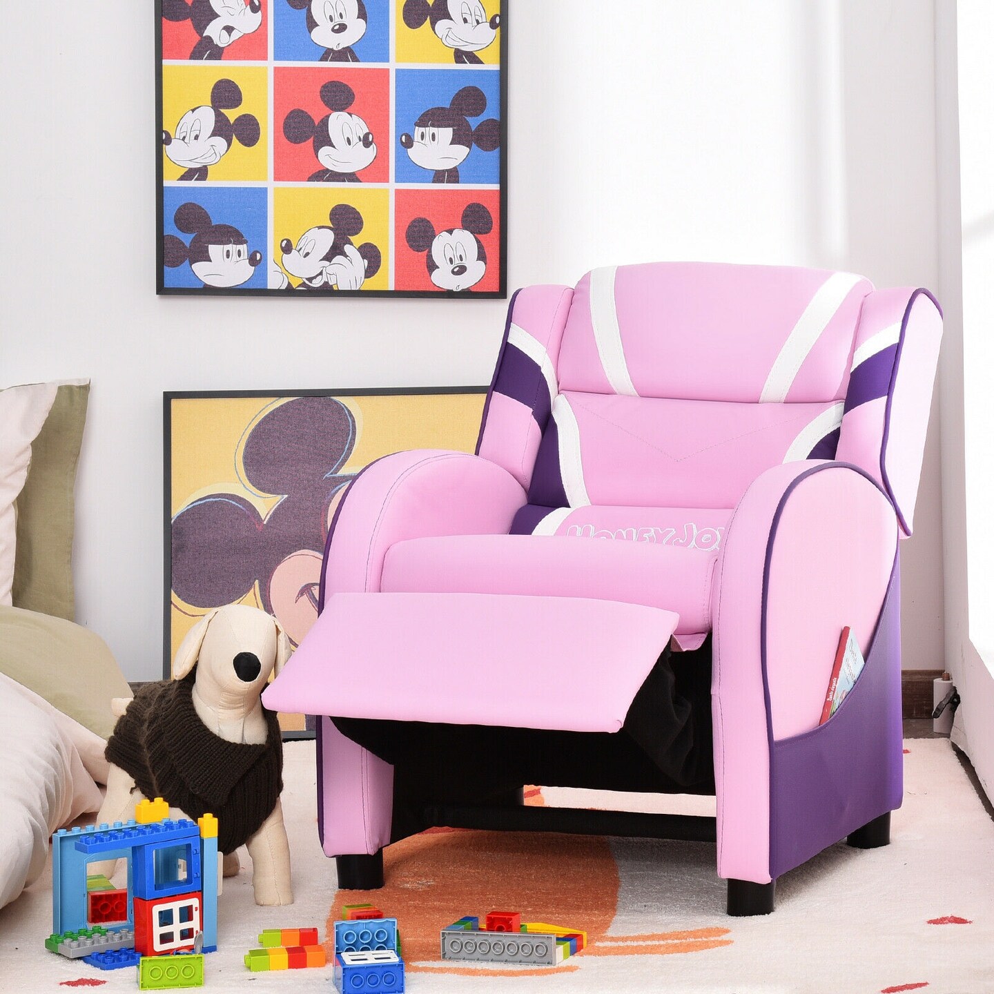 Kids Adjustable Recliner Chair with 2 Side Storage Pockets Ideal for Children Room or Home Theater