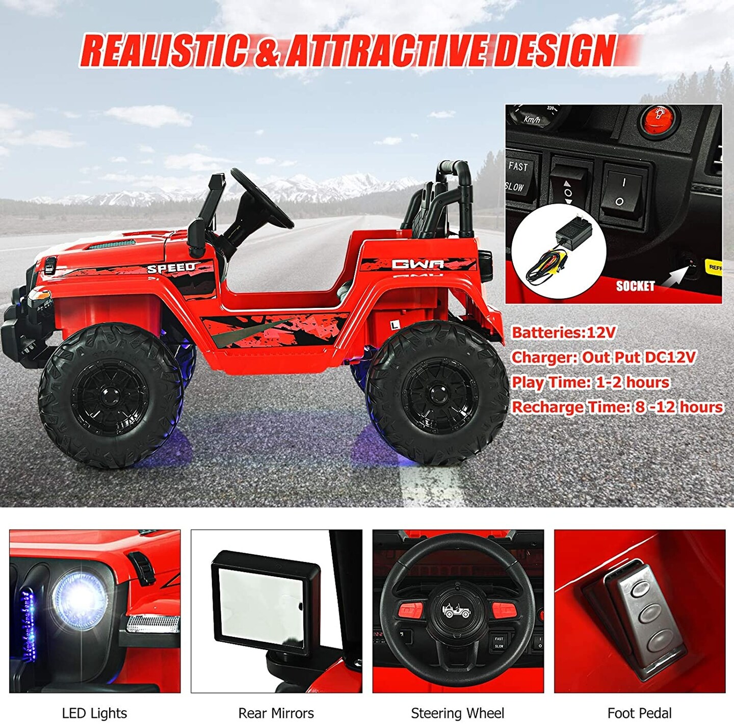 12V Kids Ride-on Jeep Car with 2.4 G Remote Control and LED Light Effects