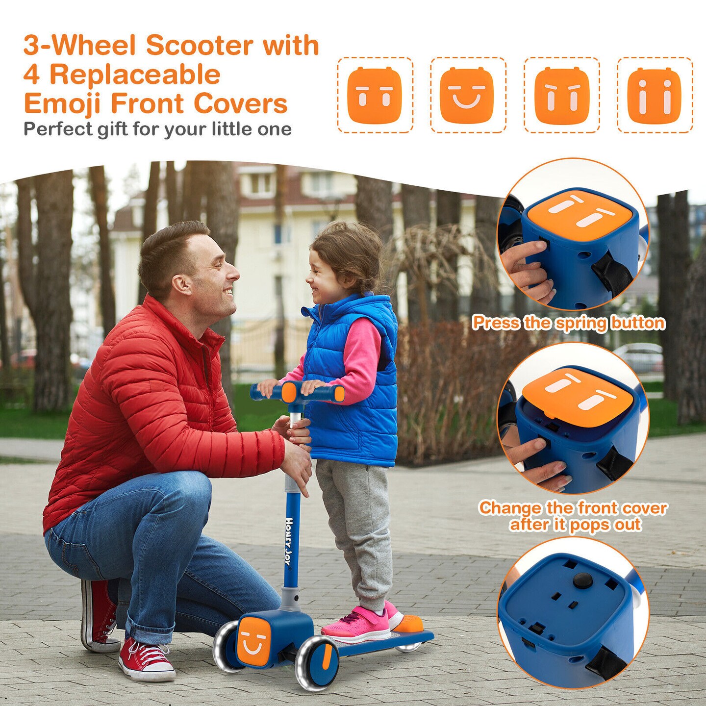 3 Adjustable Heights Foldable Kids Toy Scooter with LED Flashing Wheels Horn and 4 Emoji Covers