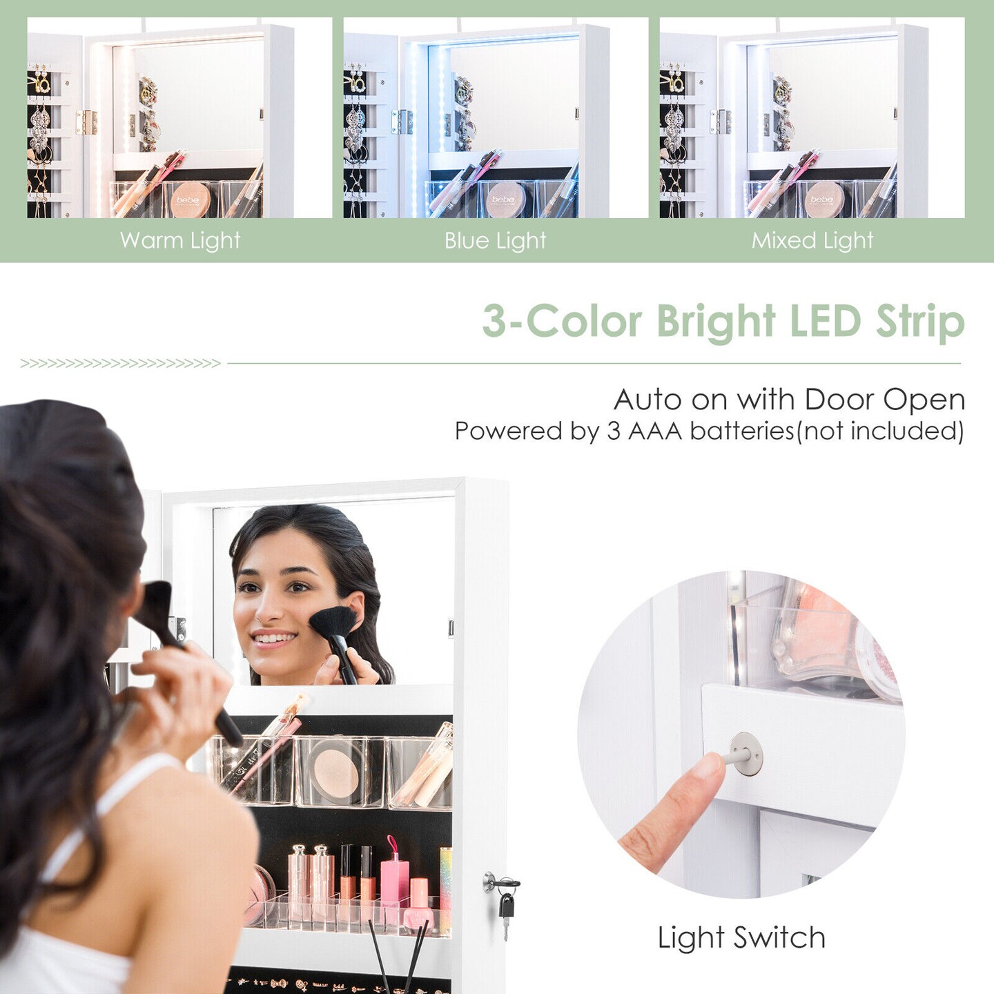 Wall Mounted Full-Length Mirror Jewelry Cabinet with LED Lights and Fold-able Shelf