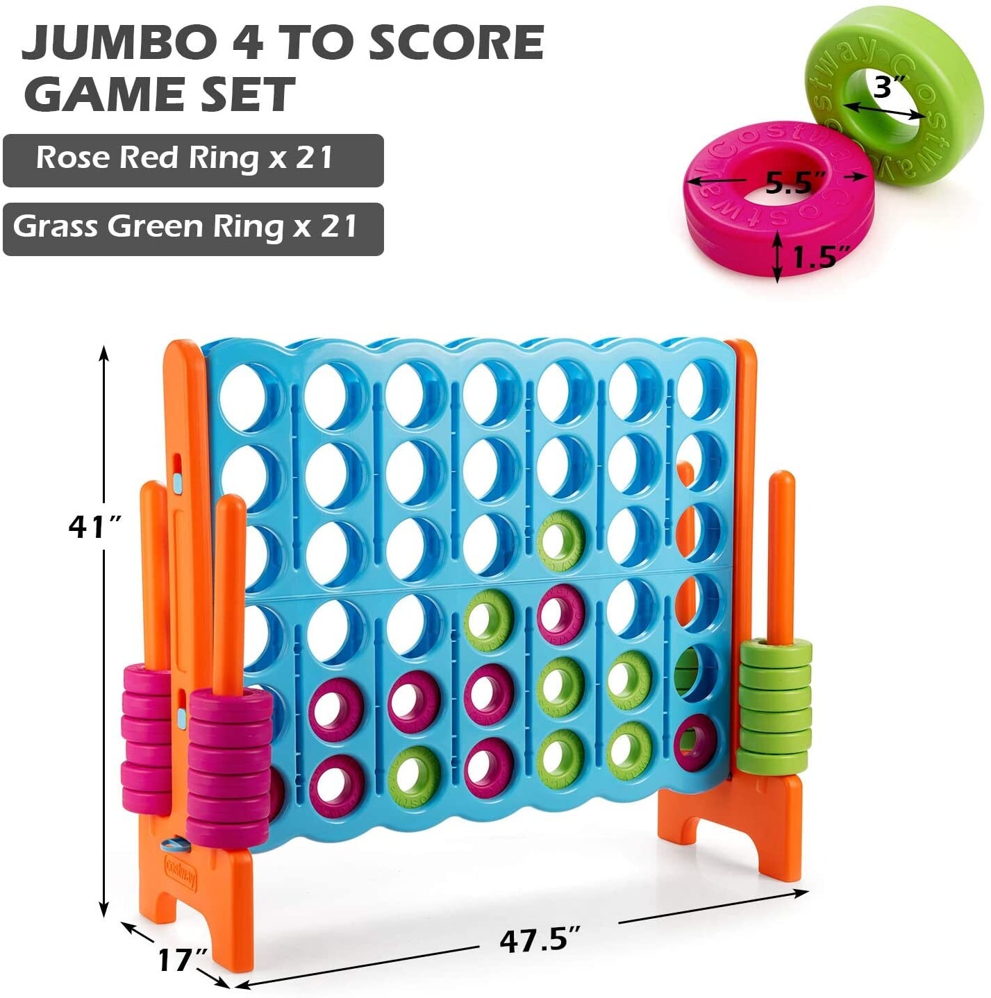 3.5 Feet Tall Jumbo 4 to Score Giant Game Set with 42 Jumbo Rings