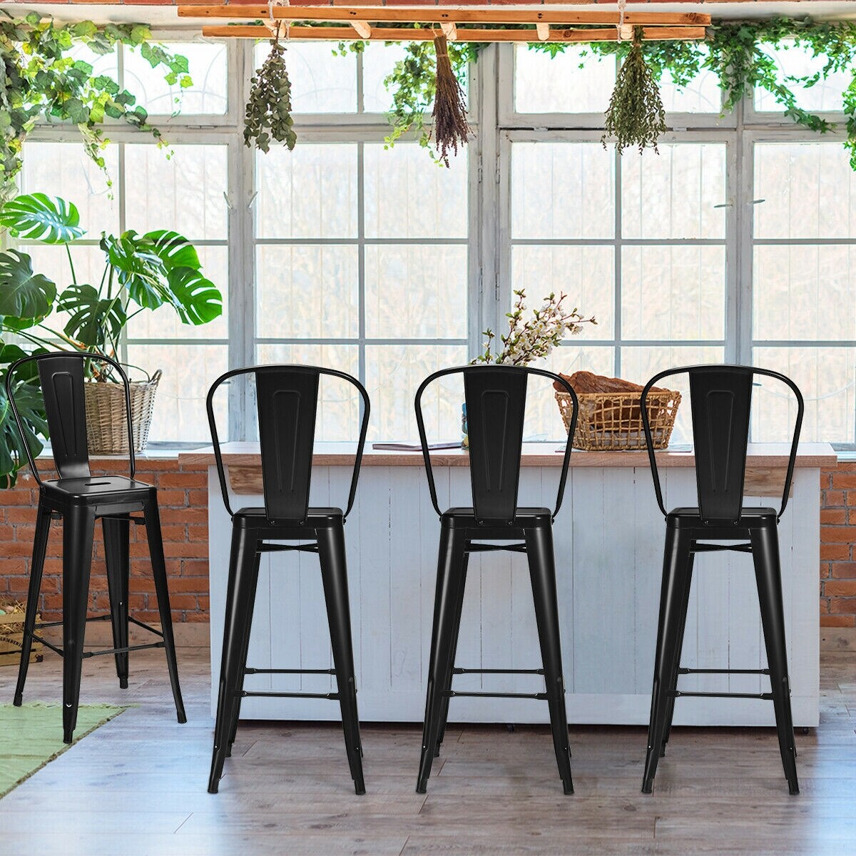 30 Inch Set of 4 High Back Stackable Metal Bar Stools with Removable Backrest and Footrest