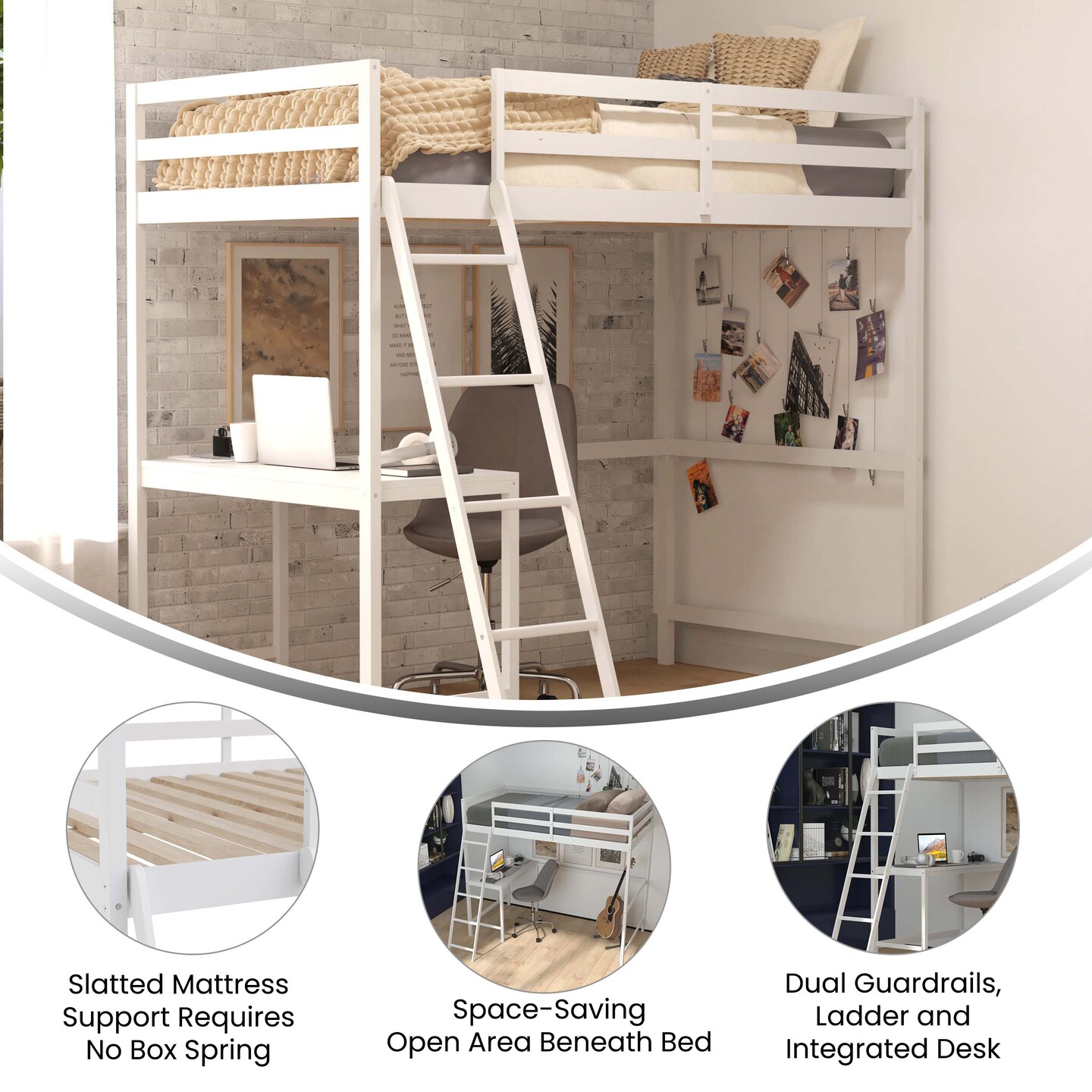 Emma and Oliver Ridley Twin Wood Loft Bed Frame with Protective Guardrails and Integrated Desk and Ladder for Use with Any 6-8" Thick Mattress