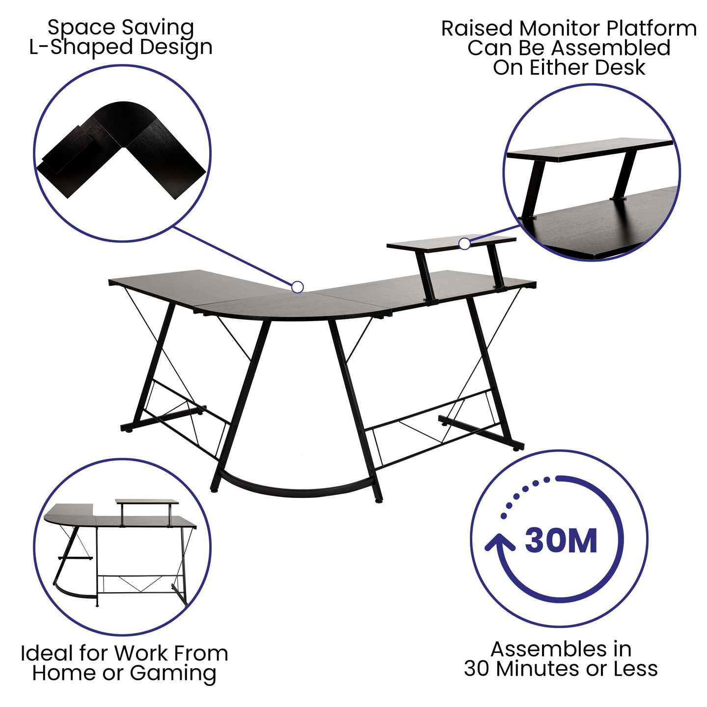 Emma and Oliver L-Shaped Computer Desk, Gaming Desk, Home Office Desk, Frame
