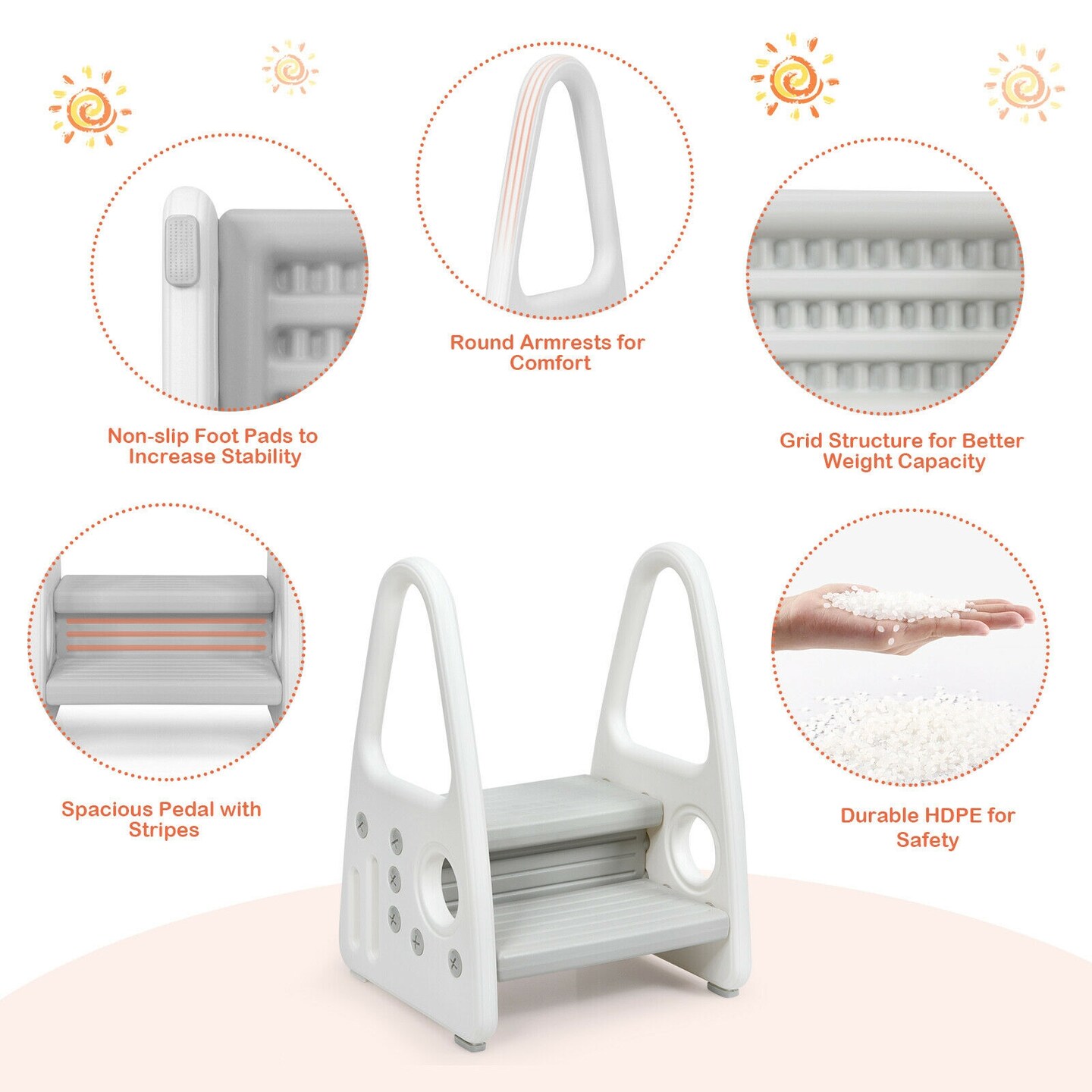 HDPE Double-Tier Kids Step Stool with Safety Armrests