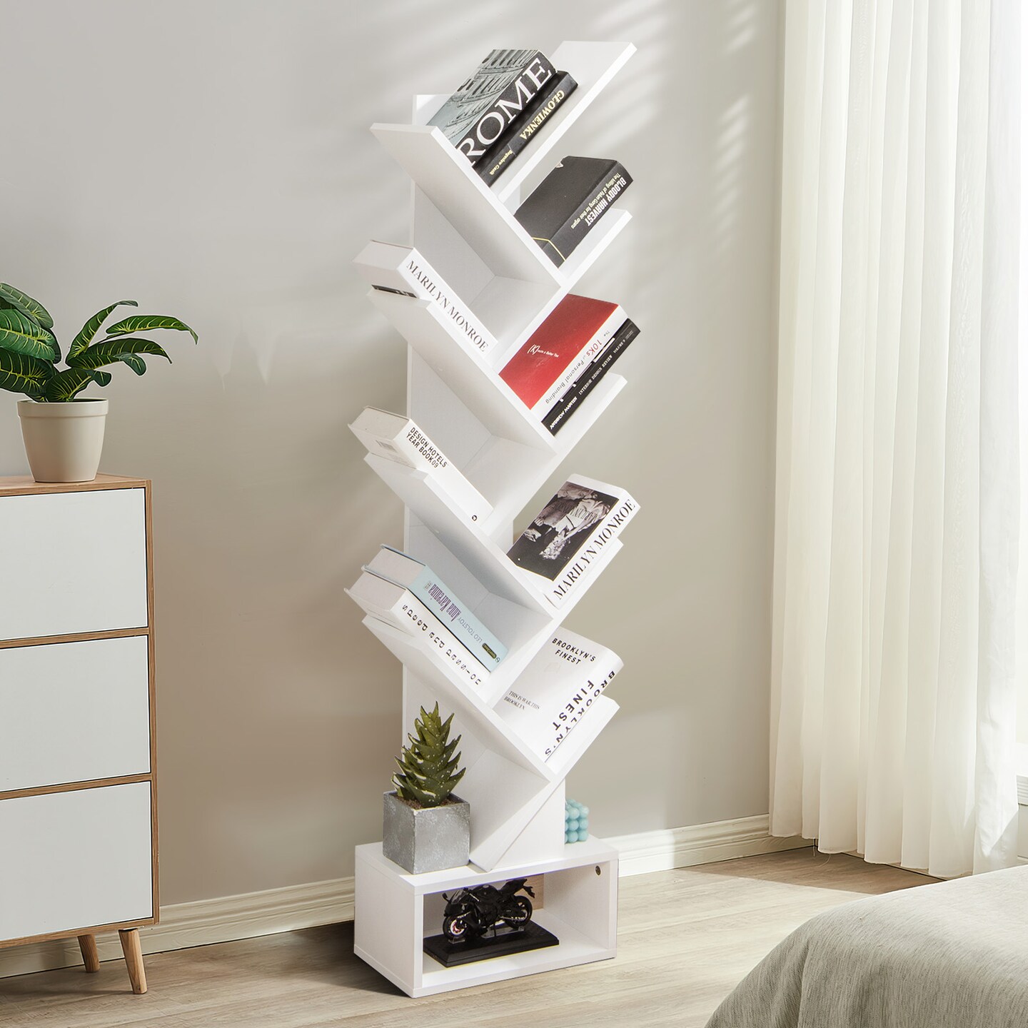 8 Tier Tree Bookshelf, 8 Shelf Open Book Case, Sturdy Tree Bookcase, Narrow  Book Organizer Shelves for Bedroom, Living Room, Home Office, Dark Brown