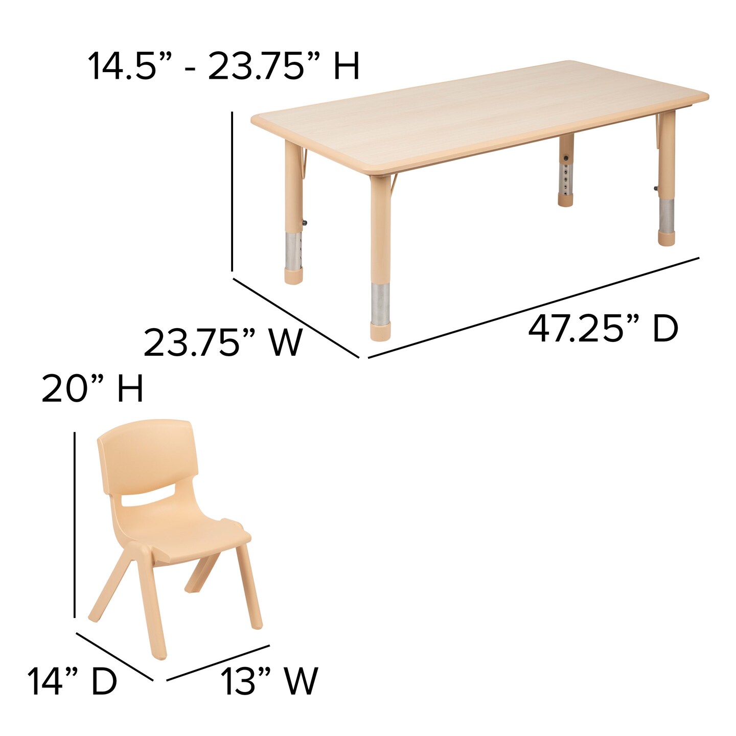 Emma and Oliver 23.625&#x22;W x 47.25&#x22;L Rectangular Plastic Height Adjustable Activity Table Set with 4 Chairs