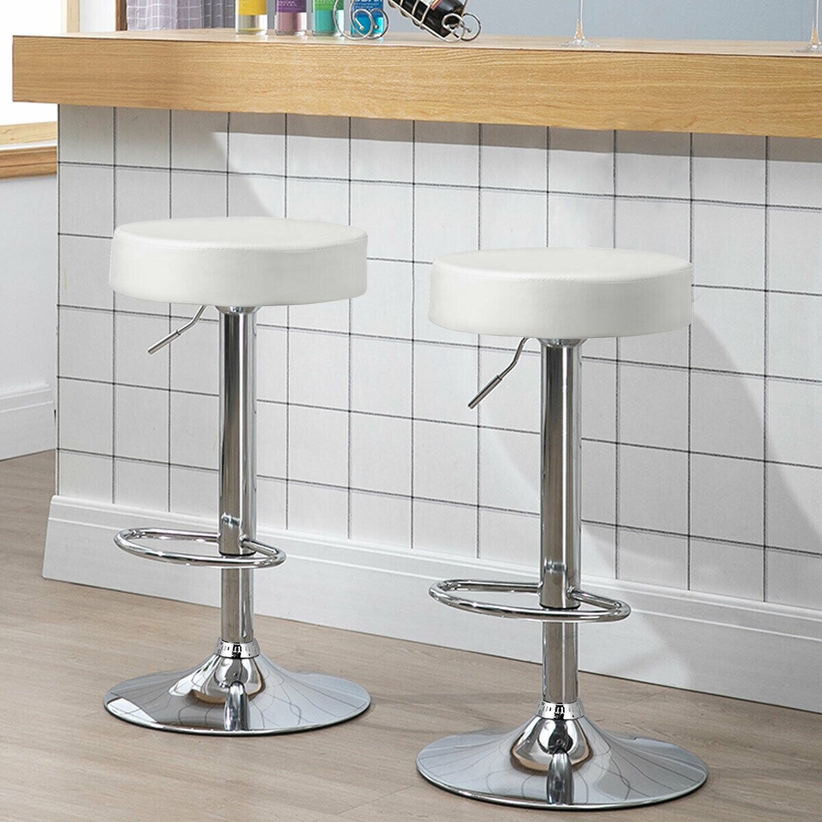 Modern Swivel Round PU Leather Seat Bar Stool with Adjustable Height and Steel Base