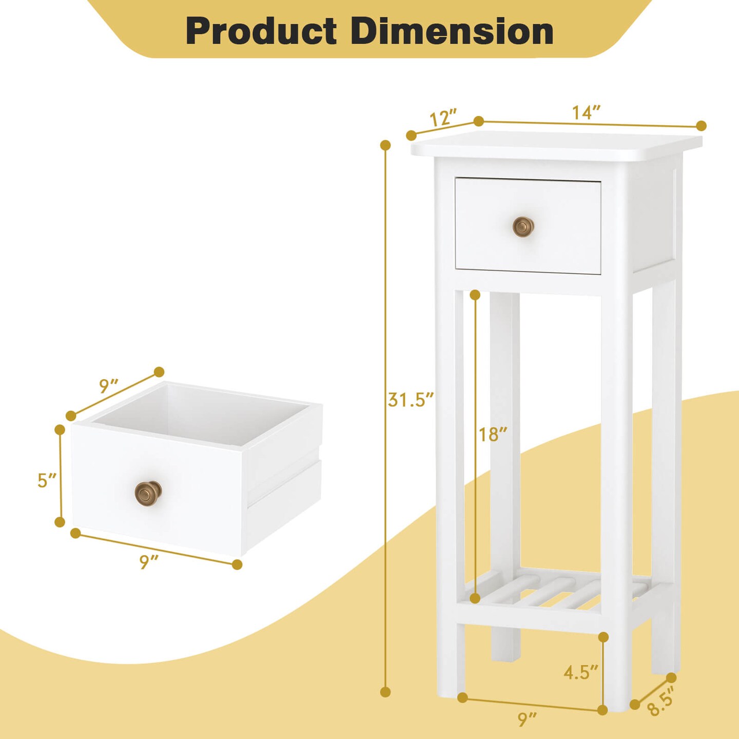 2 Tier Slim Rectangular Bedside Table Nightstand with Open Shelf and Small Drawer