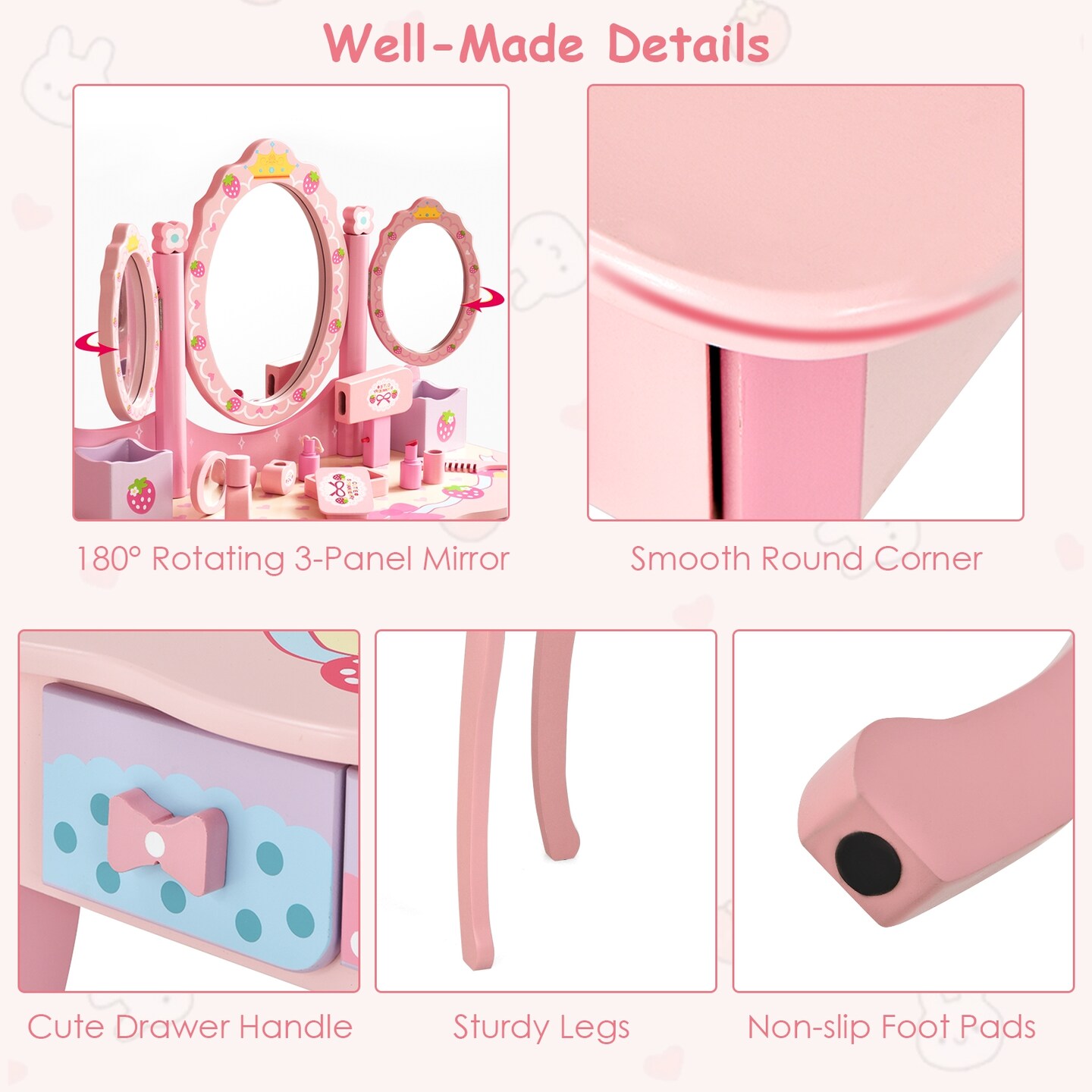 Kids Vanity Princess Makeup Dressing Table Chair Set with Tri-fold Mirror