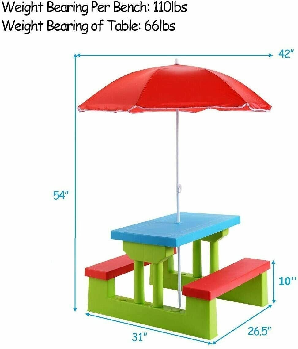 Kids Picnic Folding Table and Bench Set with Umbrella