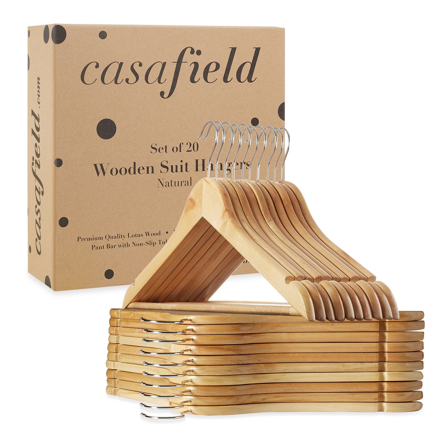 Casafield - 20 Wooden Suit Hangers - Premium Lotus Wood with Notches & Chrome Swivel Hook for Dress Clothes, Coats, Jackets, Pants, Shirts, Skirts